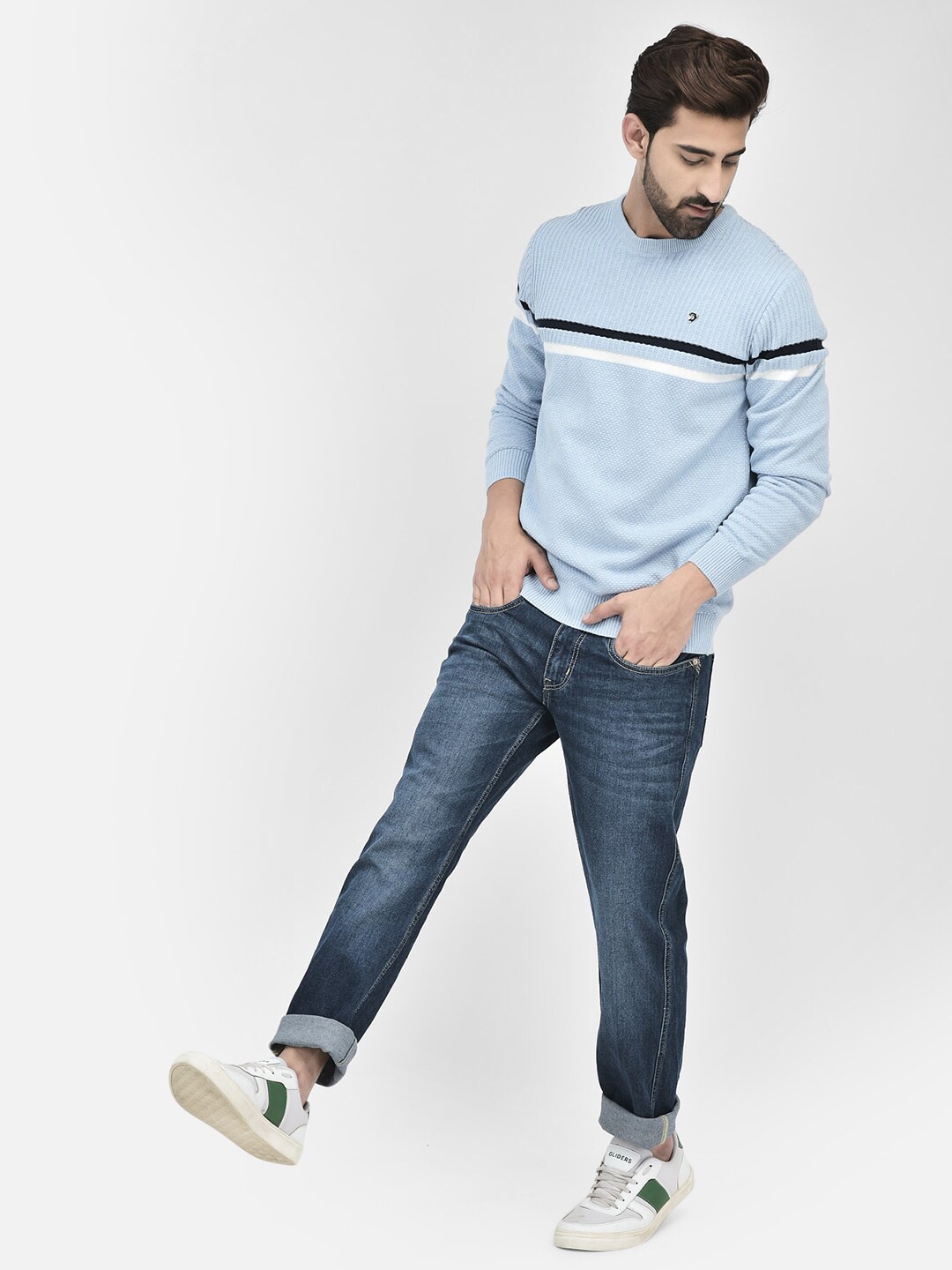

Crimsoune Club Striped Ribbed Cotton Pullover Sweater, Blue