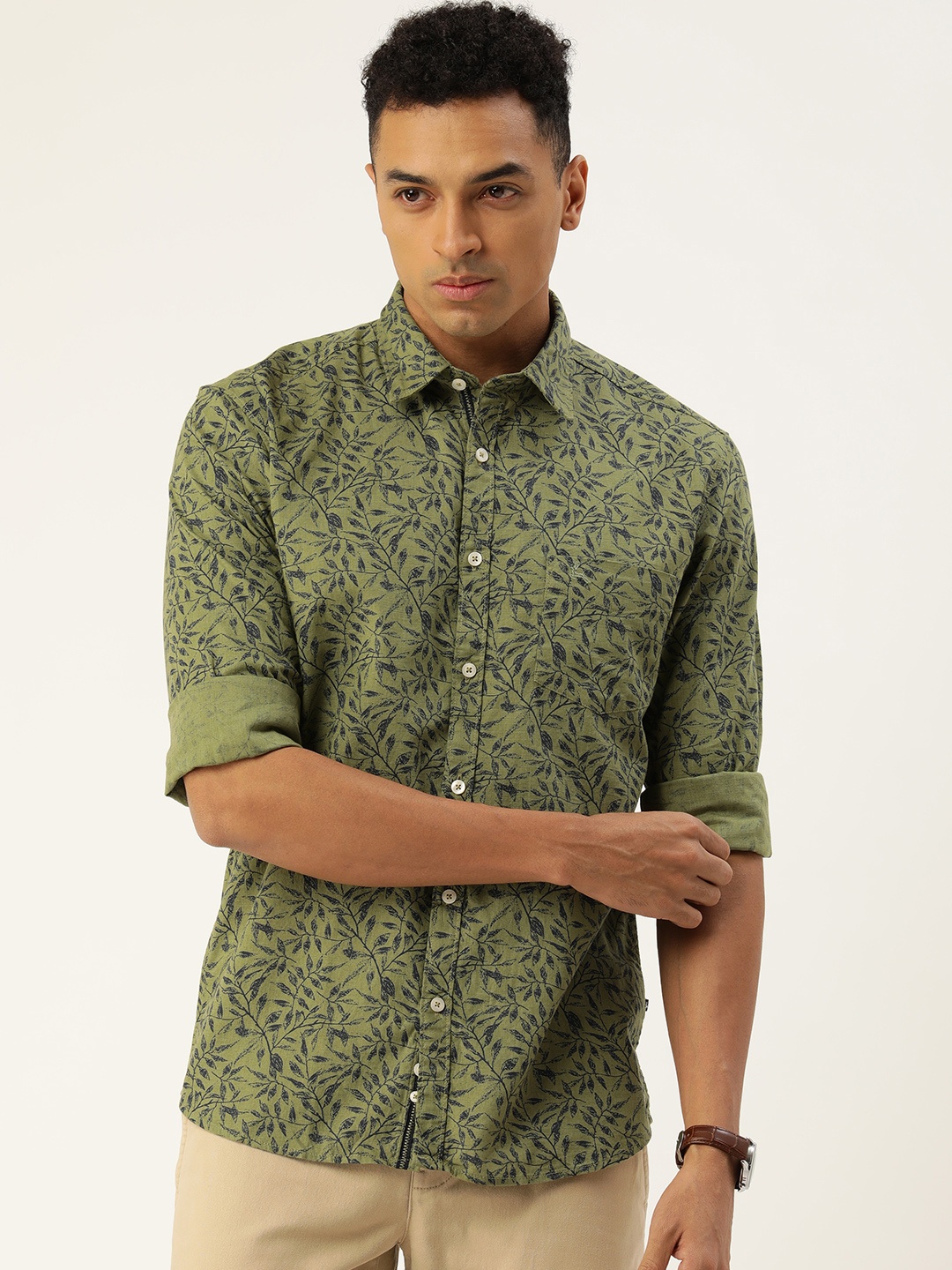 

Parx Pure Cotton Slim Fit Tropical Printed Casual Shirt, Green