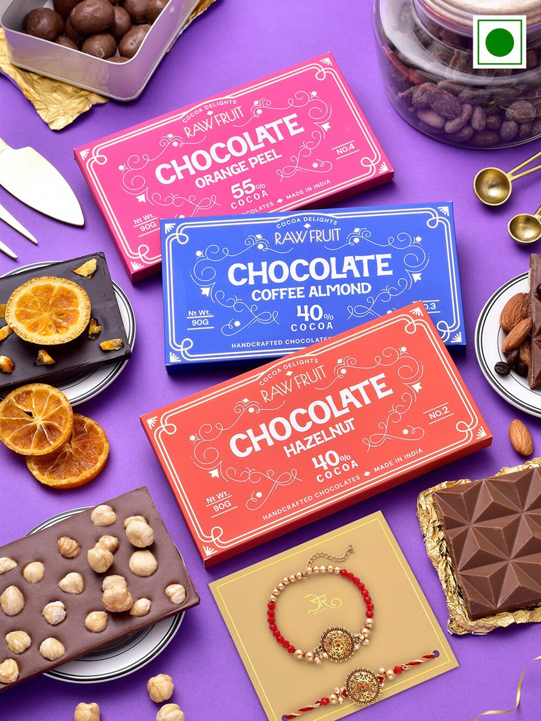 

RawFruit Se of 3 Coverture Chocolates With Bhai Bhabhi Rakhi, Gold