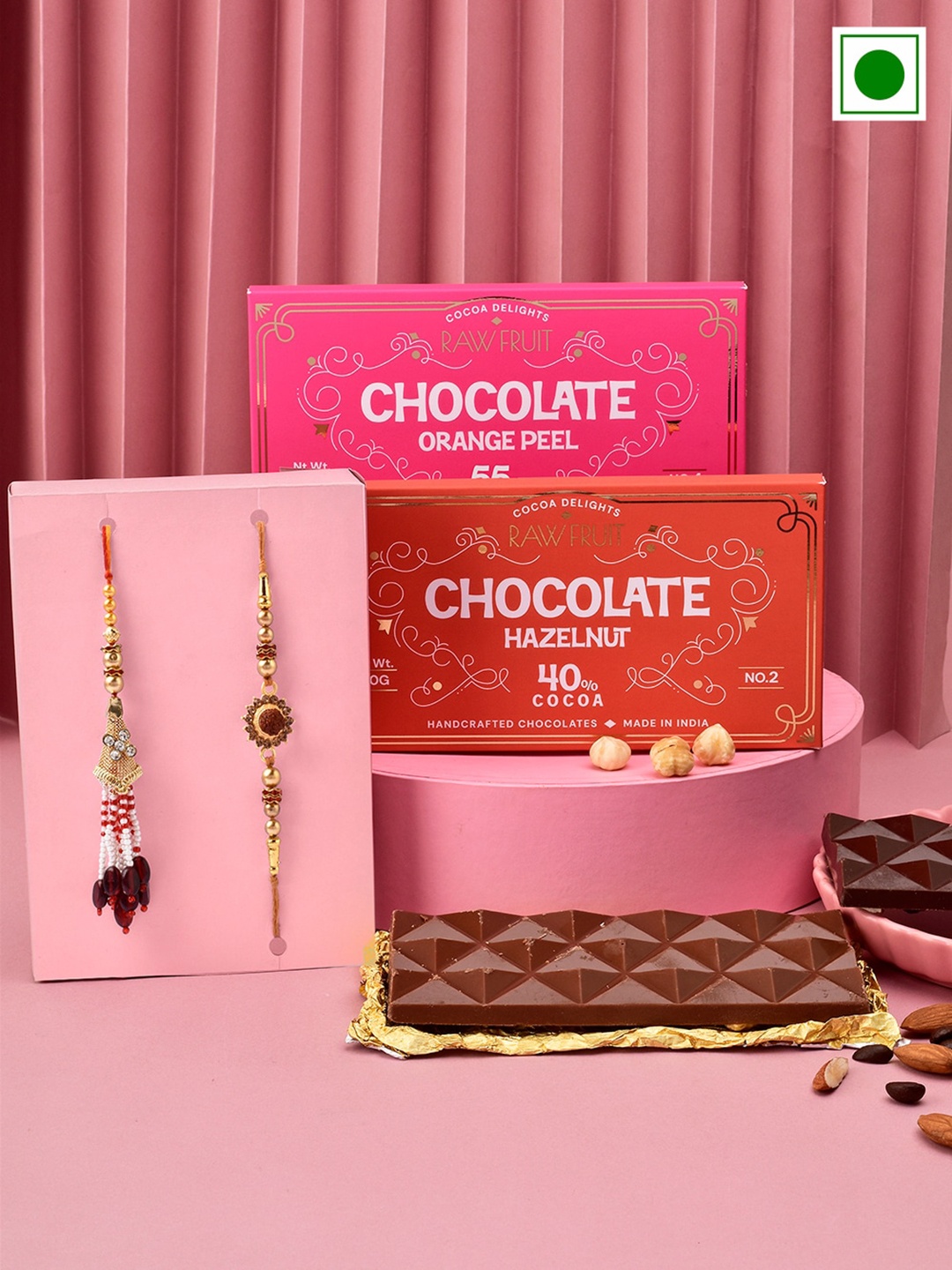 

RawFruit Set Of 2 Stone Studded & Beaded Rakhis With Chocolates Gift Set-90 gms Each, Gold