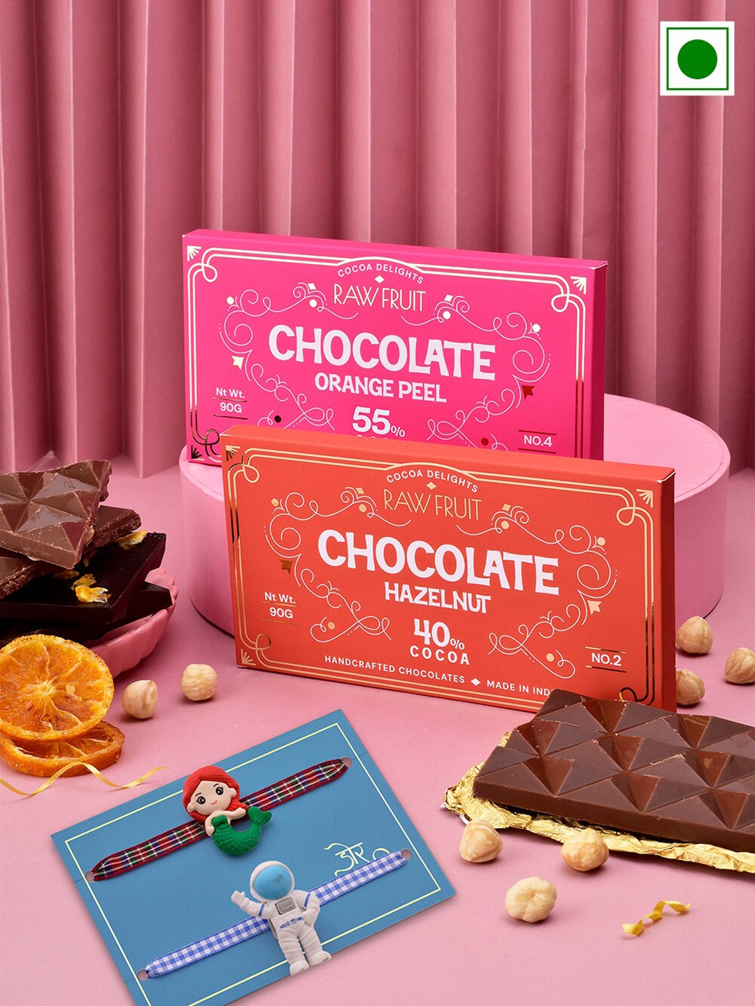 

RawFruit Kids Set Of 2 Charm Rakhis With Coverture Chocolates Bar - 90g Each, Pink