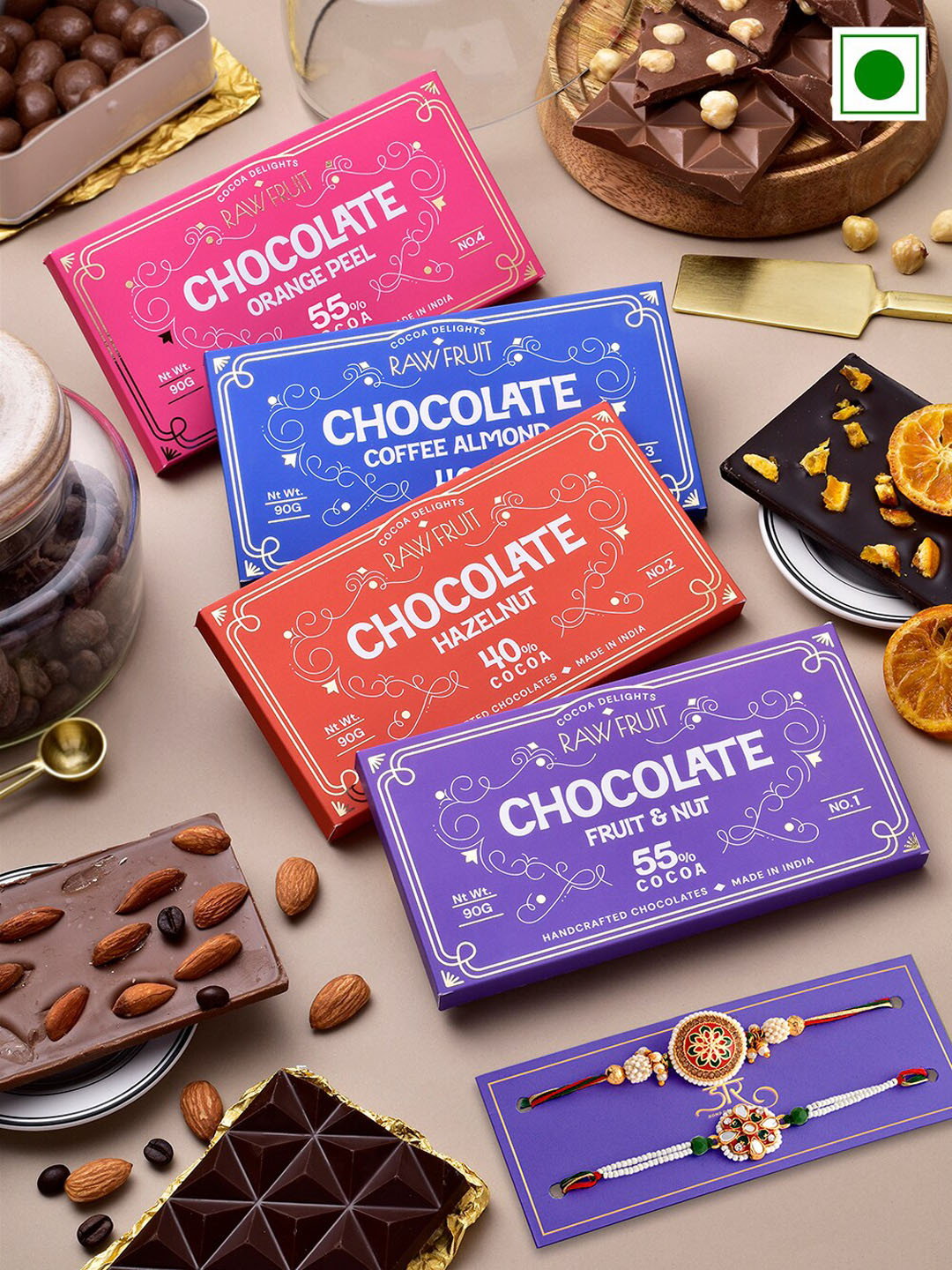 

RawFruit Set Of 2 Stone Studded & Beaded Rakhis With Coverture Chocolates-90g Each, Pink