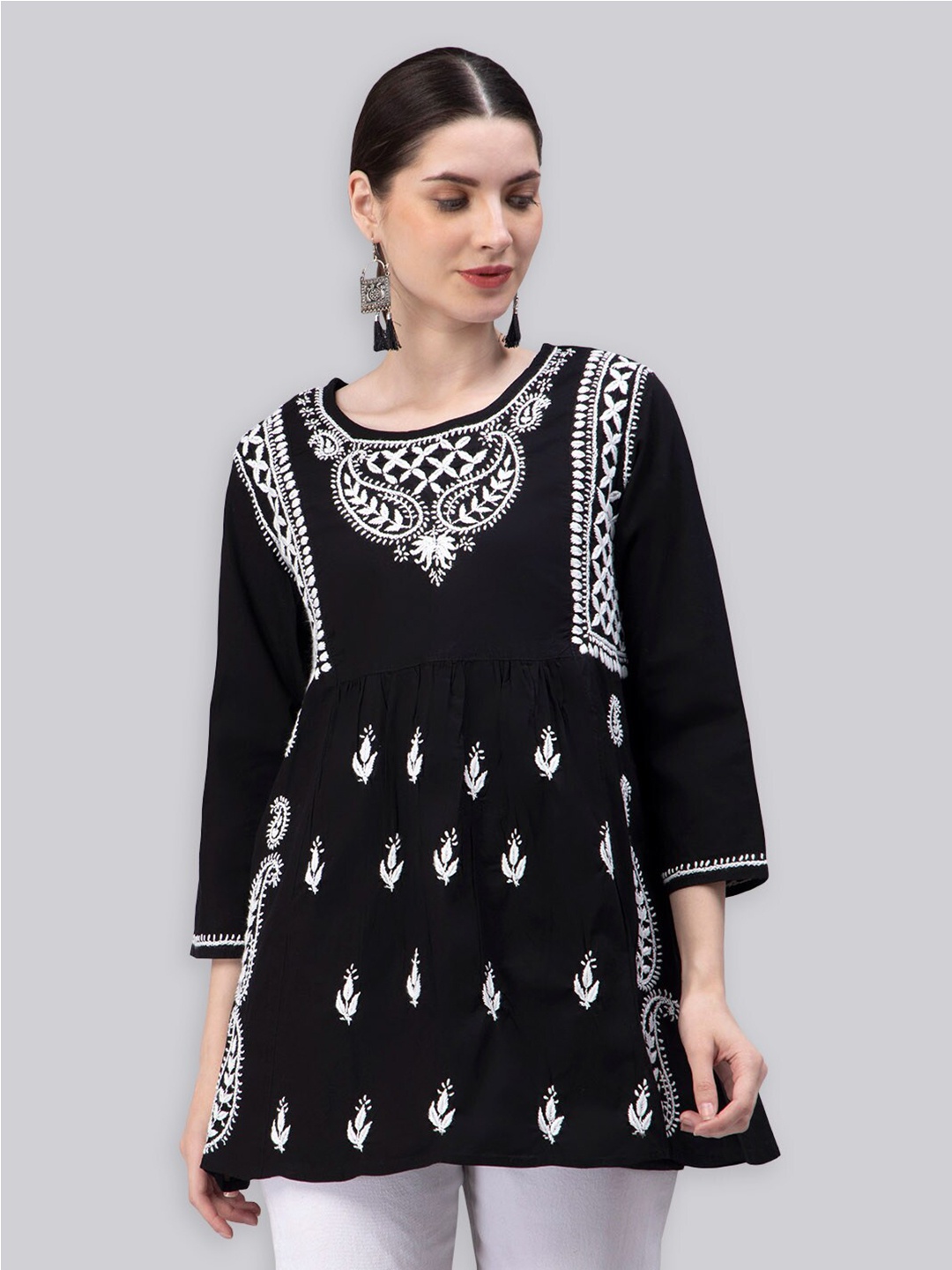 

Seva Chikan Ethnic Motifs Chikankari Embroidered A-Line Kurti, Black