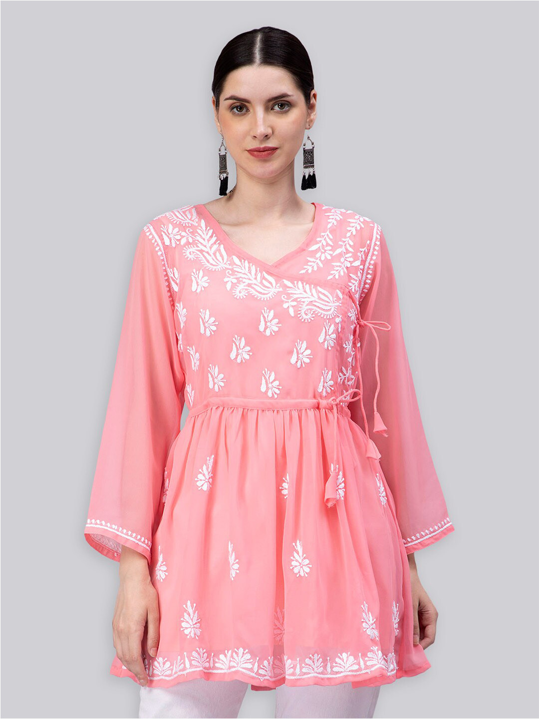 

Seva Chikan Ethnic Motifs Embroidered Chikankari Angrakha Kurti With Slip, Peach