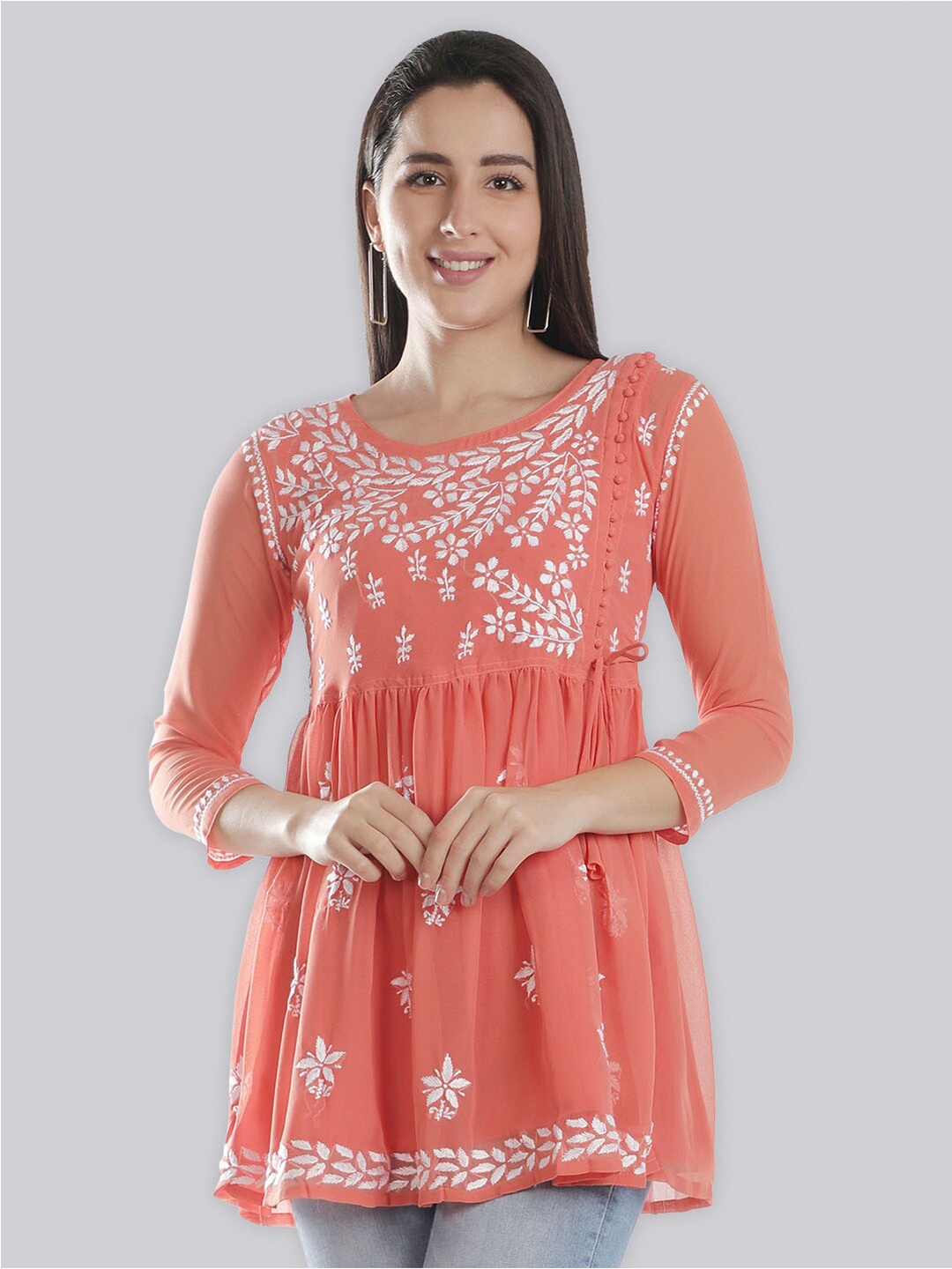 

Seva Chikan Ethnic Motifs Embroidered Chikankari Angrakha Kurti With Slip, Orange