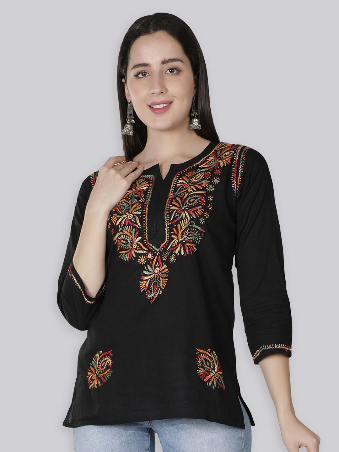 

Seva Chikan Ethnic Motifs Chikankari Embroidered Straight Kurti, Black