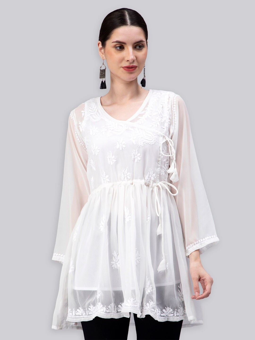 

Seva Chikan Ethnic Motifs Chikankari Embroidered Angrakha A line Kurti With Slip, White