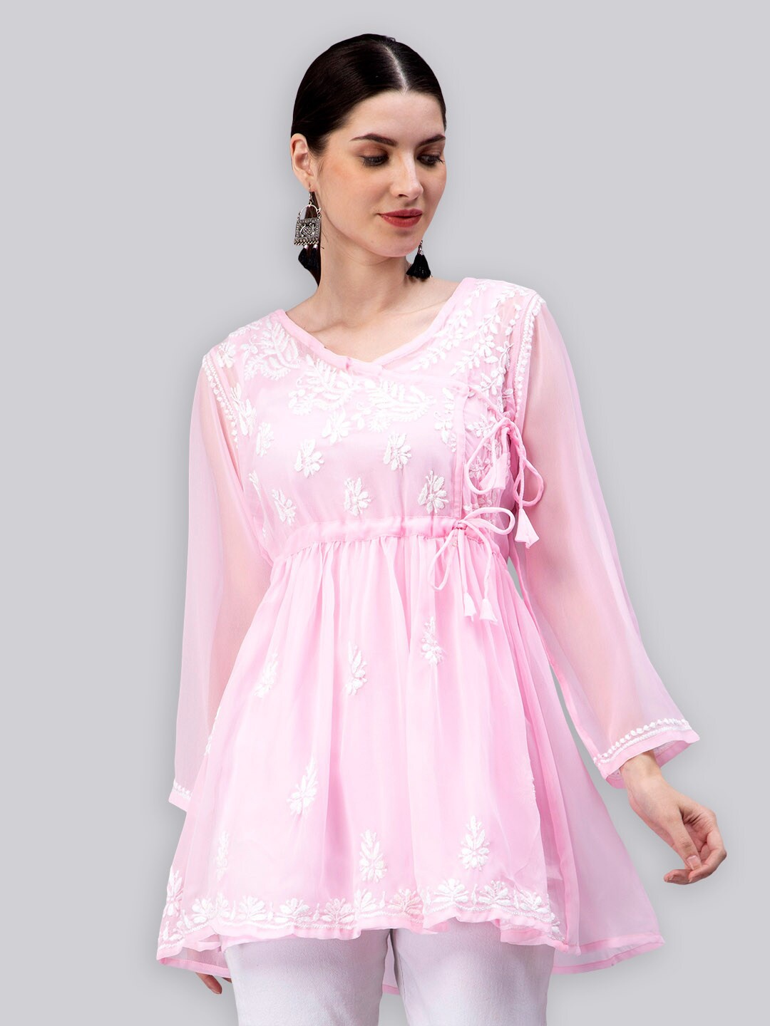 

Seva Chikan Ethnic Motifs Embroidered Chikankari Angrakha Kurti With Slip, Pink
