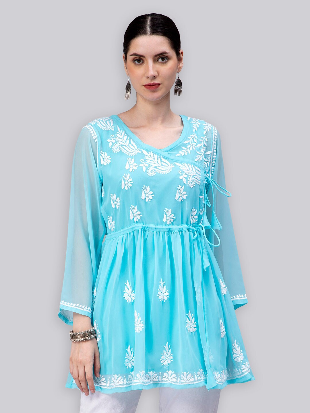 

Seva Chikan Ethnic Motifs Embroidered Chikankari Angrakha Kurti With Slip, Blue