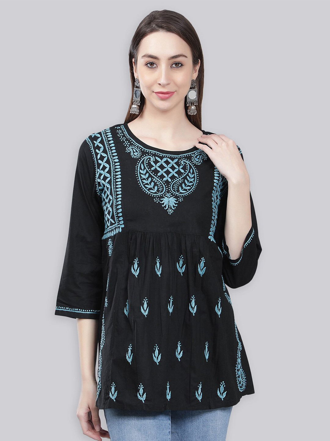 

Seva Chikan Paisley Chikankari Embroidered Pure Cotton A-Line Kurti, Black