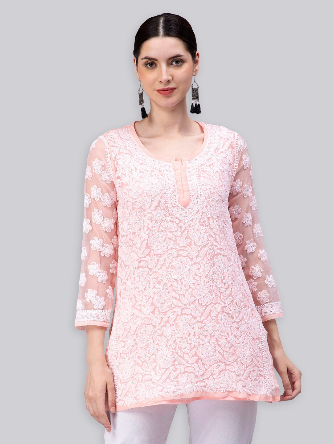 

Seva Chikan Ethnic Motifs Embroidered Chikankari Kurti With Slip, Peach