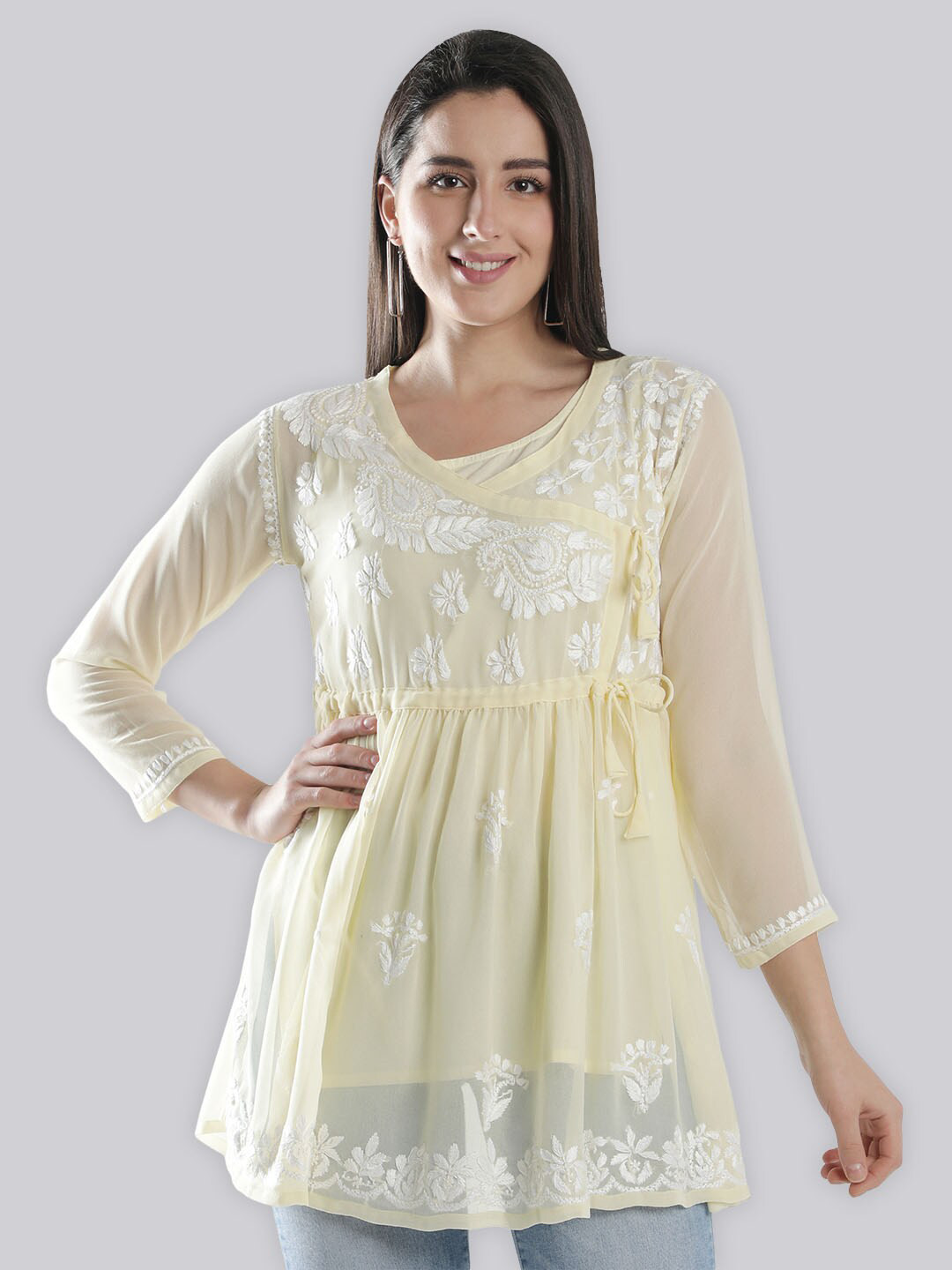 

Seva Chikan Ethnic Motifs Chikankari Embroidered A-Line Kurti, Beige