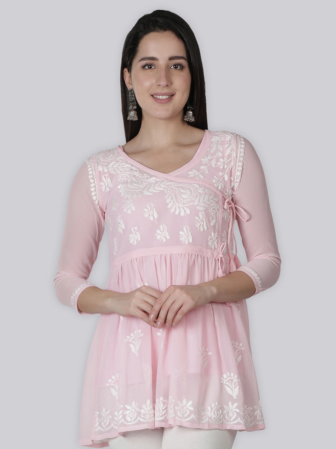 

Seva Chikan Ethnic Motifs Chikankari Embroidered Angrakha A-line Kurti With Slip, Pink