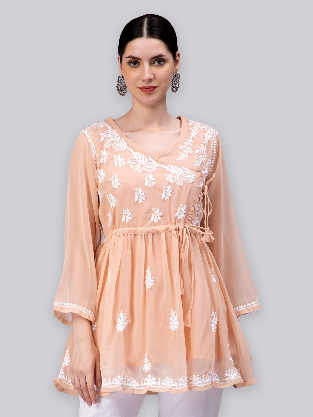 

Seva Chikan Ethnic Motifs Embroidered Chikankari Angrakha A Line Kurti, Peach