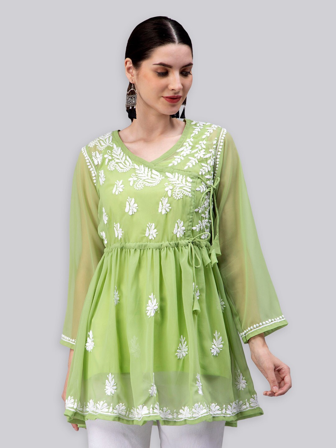 

Seva Chikan Ethnic Motifs Embroidered Chikankari Angrakha Kurti With Slip, Green
