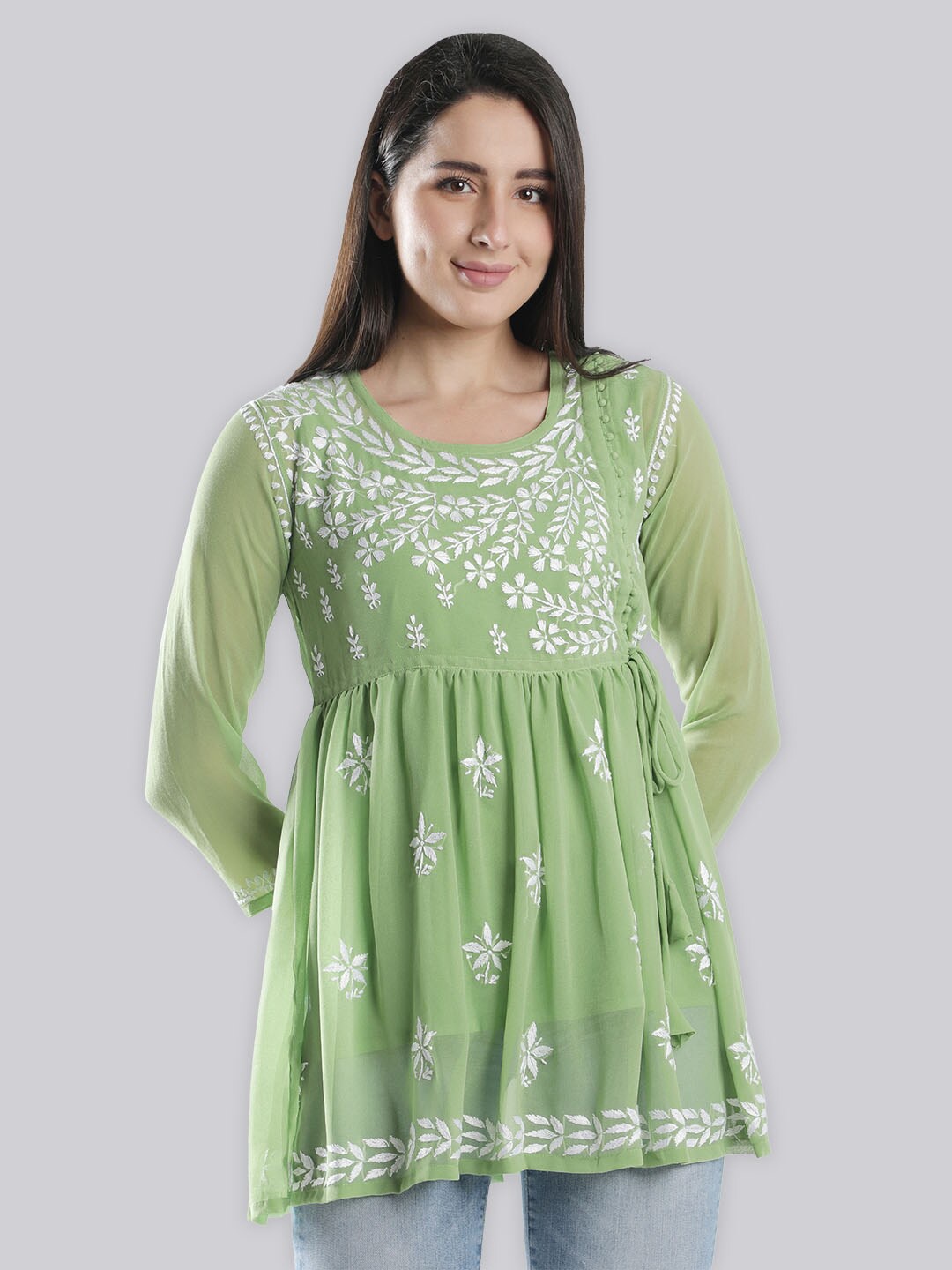 

Seva Chikan Ethnic Motifs Embroidered Chikankari Angrakha Kurti With Slip, Green