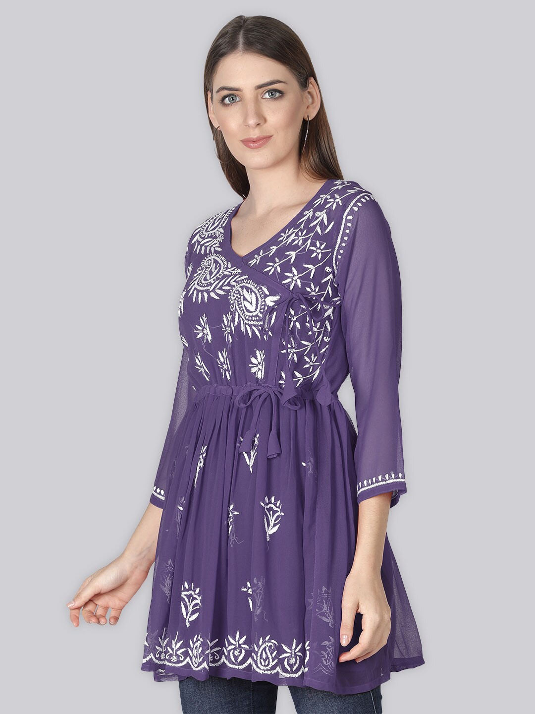 

Seva Chikan Ethnic Motifs Embroidered Chikankari Angrakha A Line Kurti With Slip, Purple