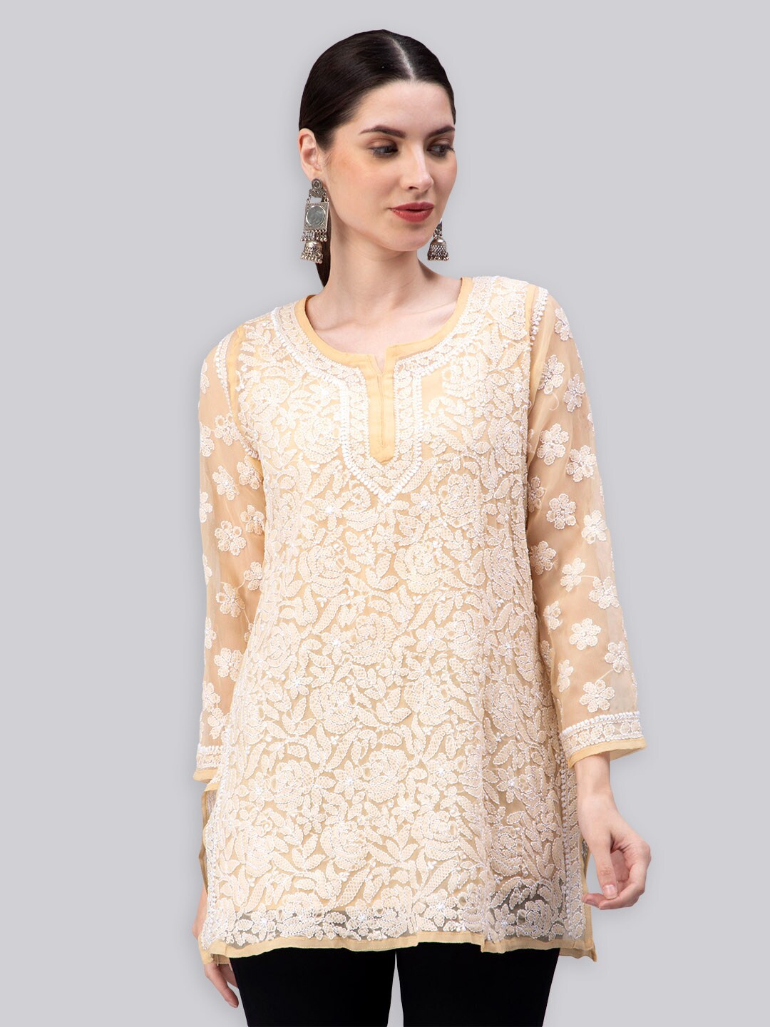 

Seva Chikan Ethnic Motifs Embroidered Chikankari Straight Kurti With Slip, Peach
