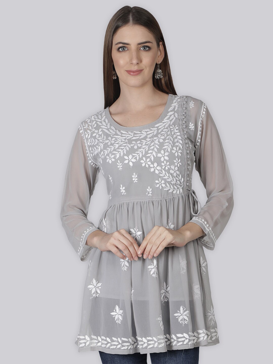 

Seva Chikan Ethnic Motifs Embroidered Chikankari Angrakha A Line Kurti With Slip, Grey