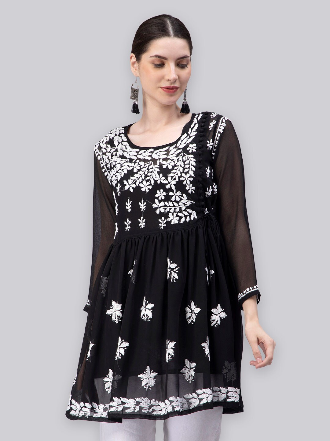 

Seva Chikan Ethnic Motifs Chikankari Embroidered Angrakha A line Kurti With Slip, Black