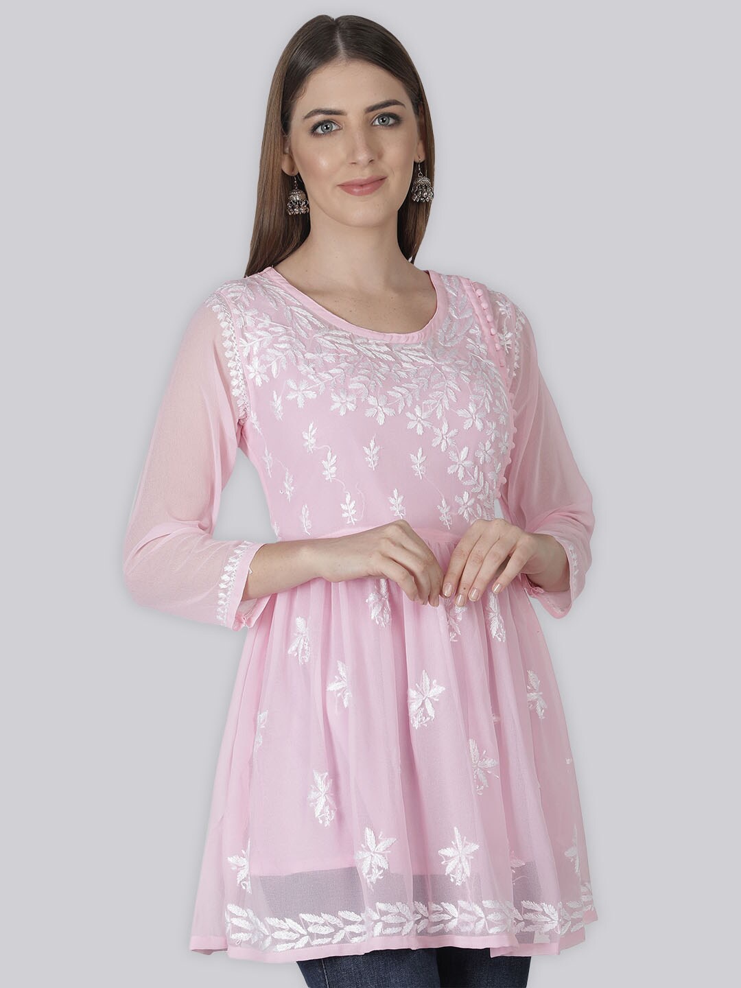 

Seva Chikan Ethnic Motifs Chikankari Embroidered Angrakha A line Kurti With Slip, Pink