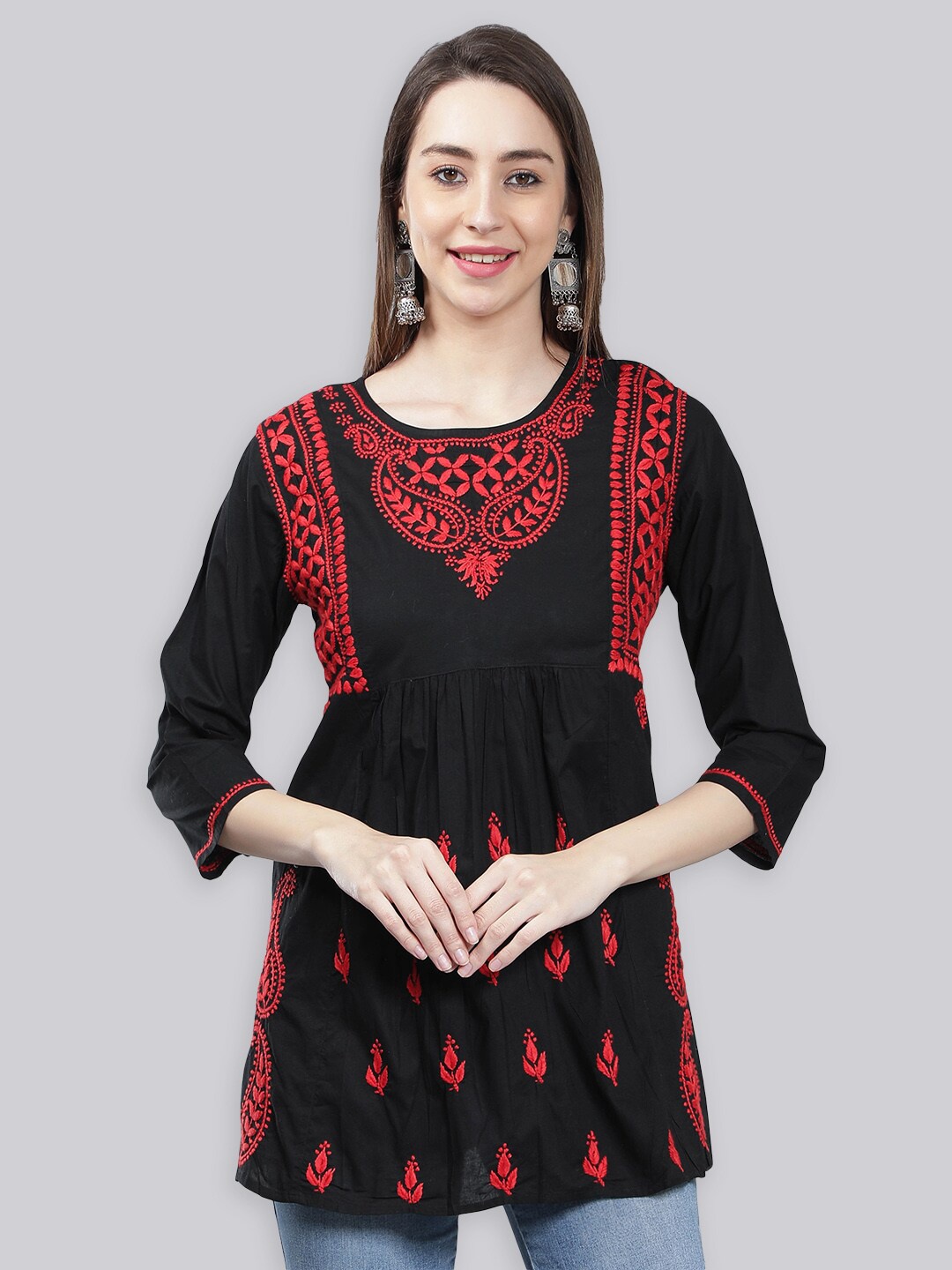 

Seva Chikan Ethnic Motifs Embroidered Chikankari A-Line Kurti, Black