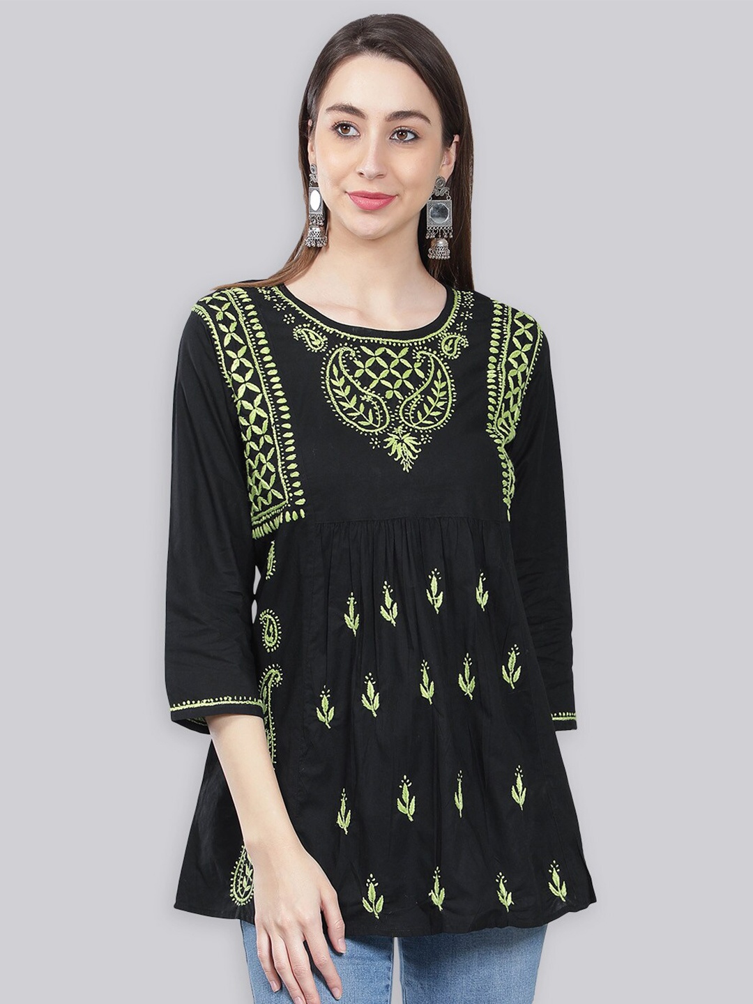 

Seva Chikan Ethnic Motifs Chikankari Embroidered Pure Cotton A-Line Kurti, Black