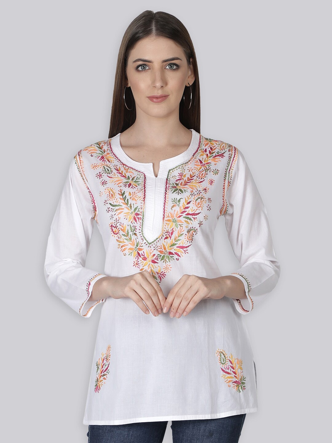 

Seva Chikan Ethnic Motifs Embroidered Chikankari Straight Kurti, White