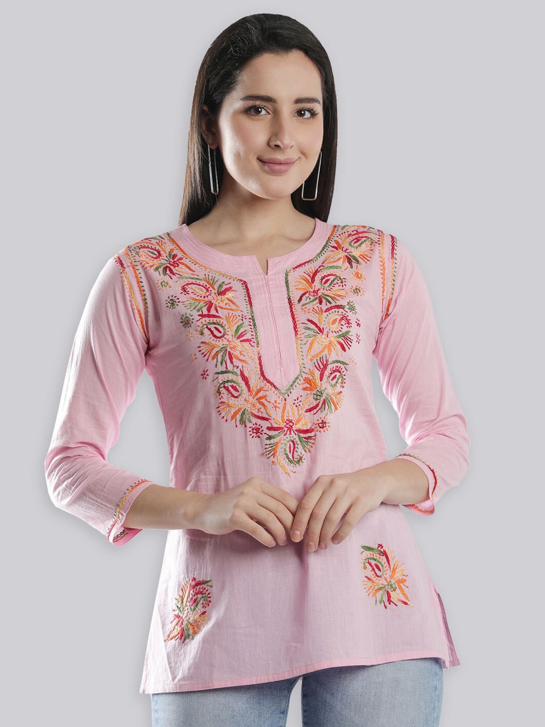 

Seva Chikan Ethnic Motifs Embroidered Pure Cotton Chikankari Kurti, Pink
