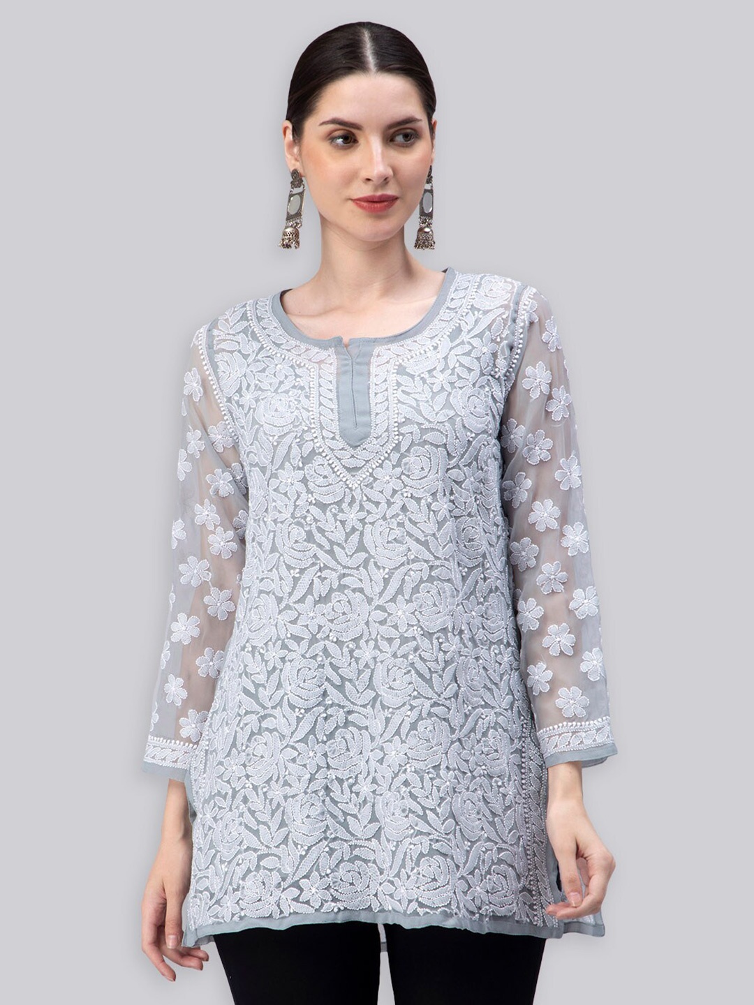 

Seva Chikan Ethnic Motifs Embroidered Chikankari A Line Kurti With Slip, Grey