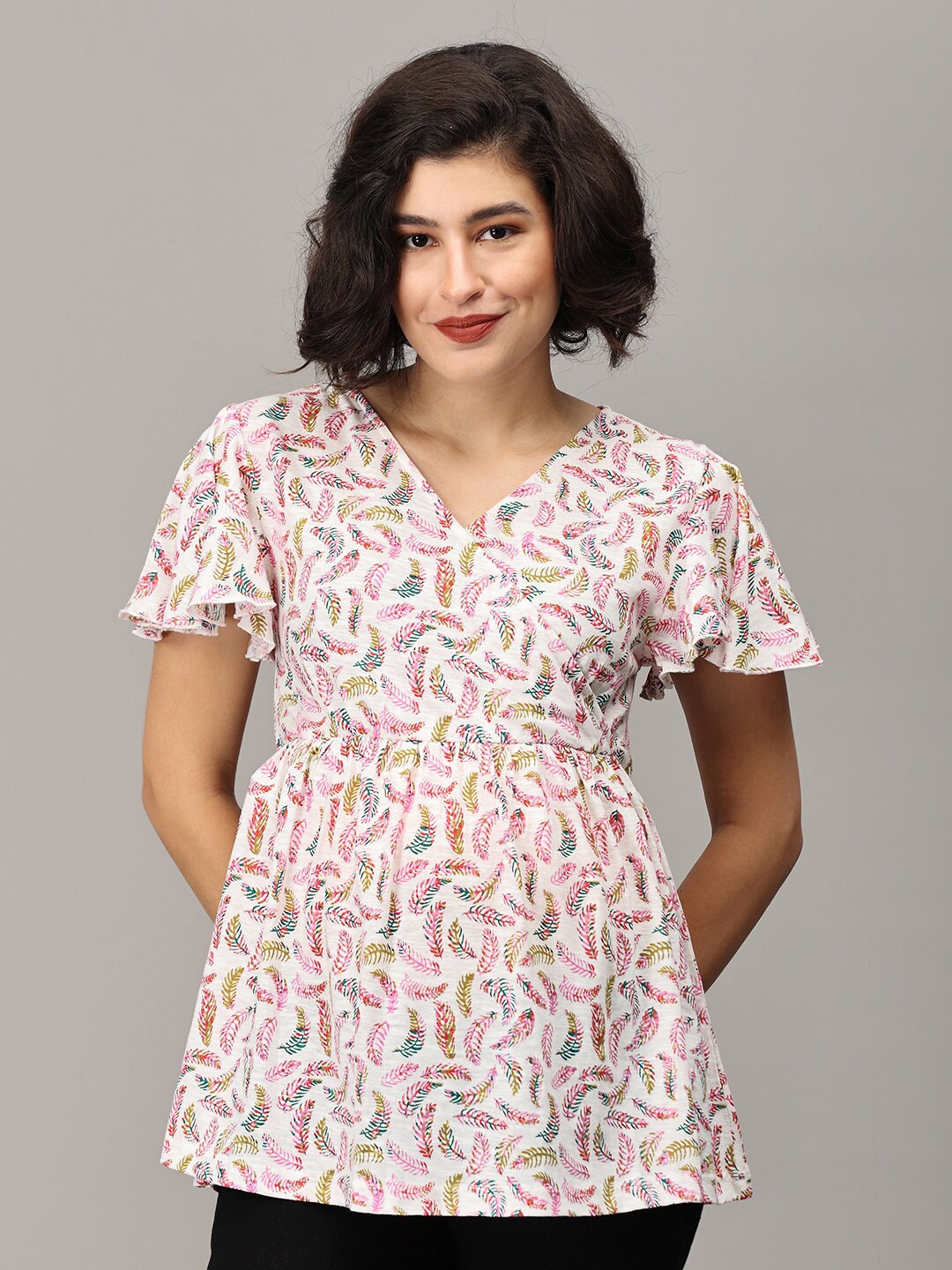 

The Mom Store Floral Printed Flared Sleeve Cotton Regular Top, White