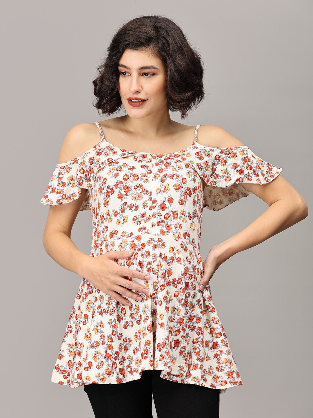 The Mom Store Maternity Floral Printed Cotton Regular Top, White