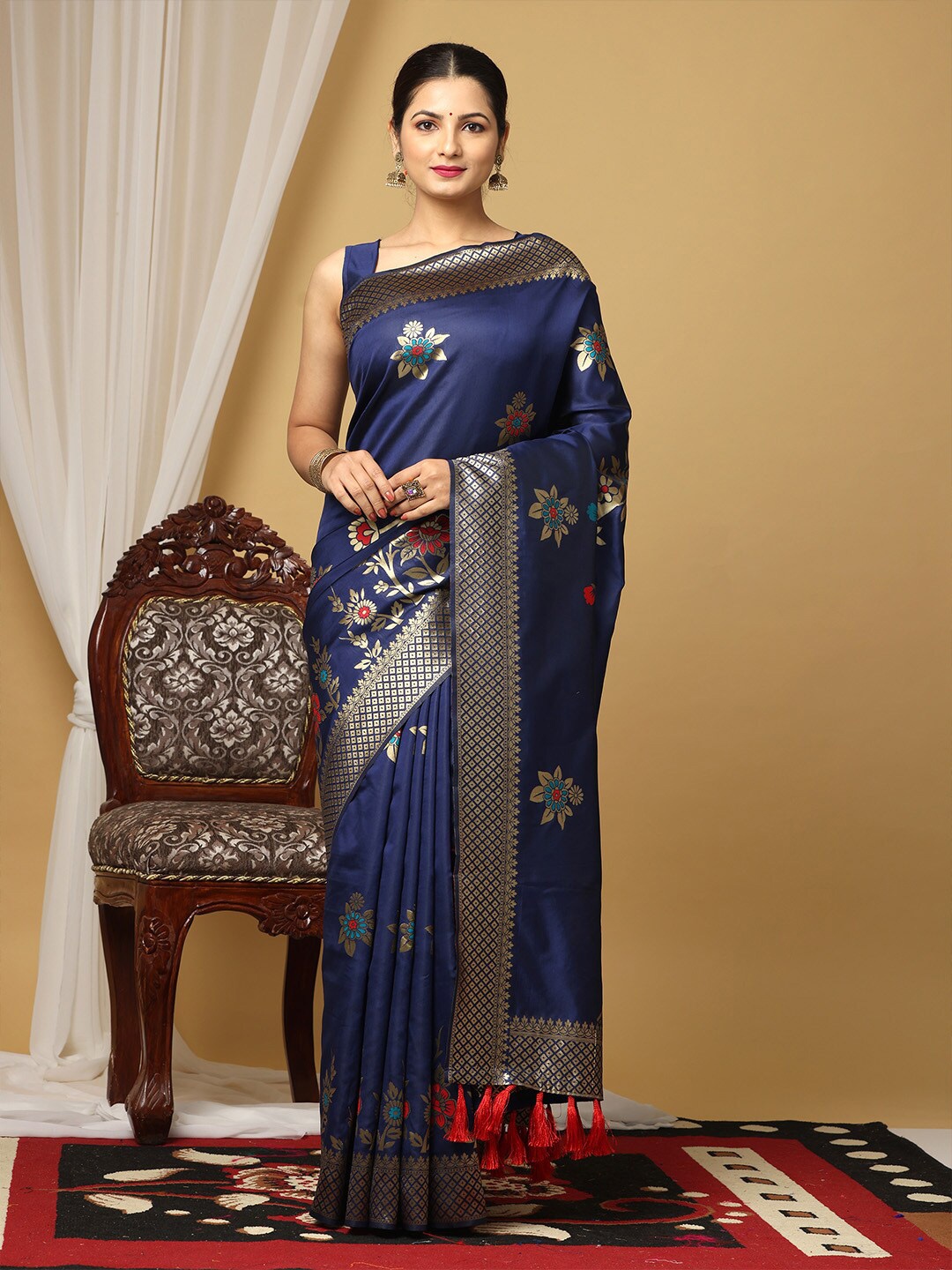 

VASTRANAND Woven Design Zari Banarasi Saree, Navy blue
