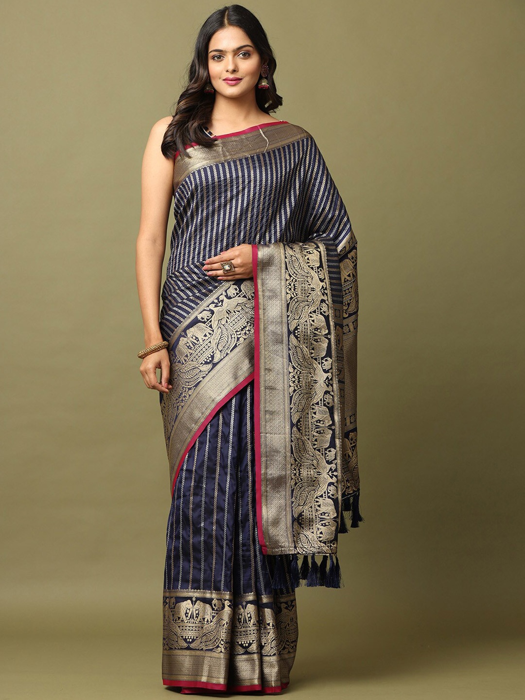 

VASTRANAND Woven Design Zari Silk Blend Banarasi Saree, Navy blue