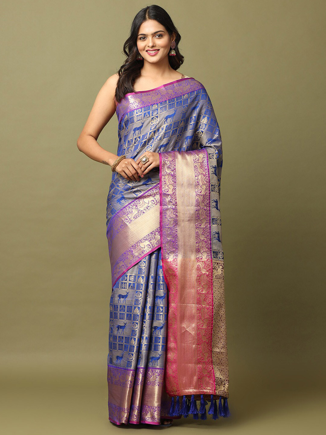 

VASTRANAND Woven Design Zari Silk Blend Banarasi Saree, Blue