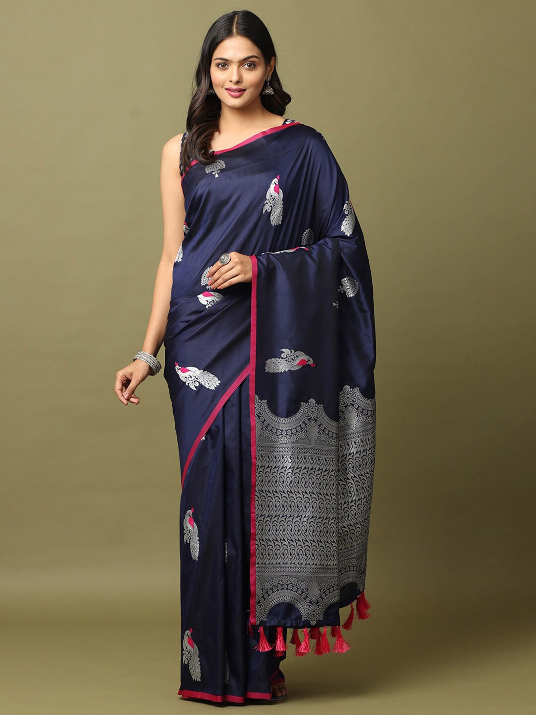 

VASTRANAND Woven Design Zari Silk Blend Banarasi Saree, Navy blue