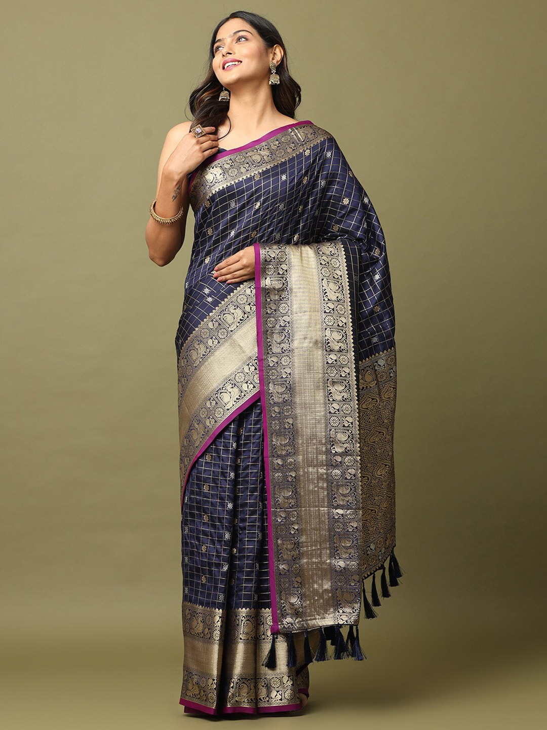 

VASTRANAND Woven Design Zari Banarasi Saree, Navy blue