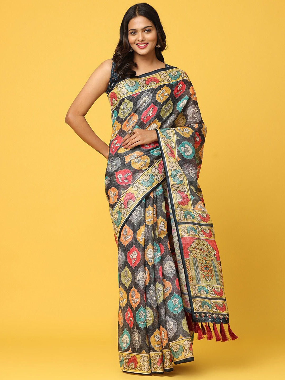 

VASTRANAND Kalamkari Printed Designer Saree, Navy blue