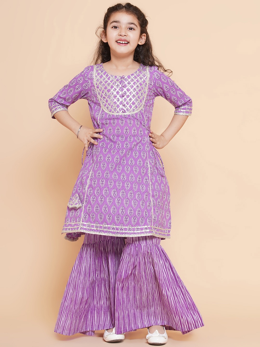 

Bitiya by Bhama Girls Ethnic Motifs Printed Gotta Patti Pure Cotton Kurta With Sharara, Purple