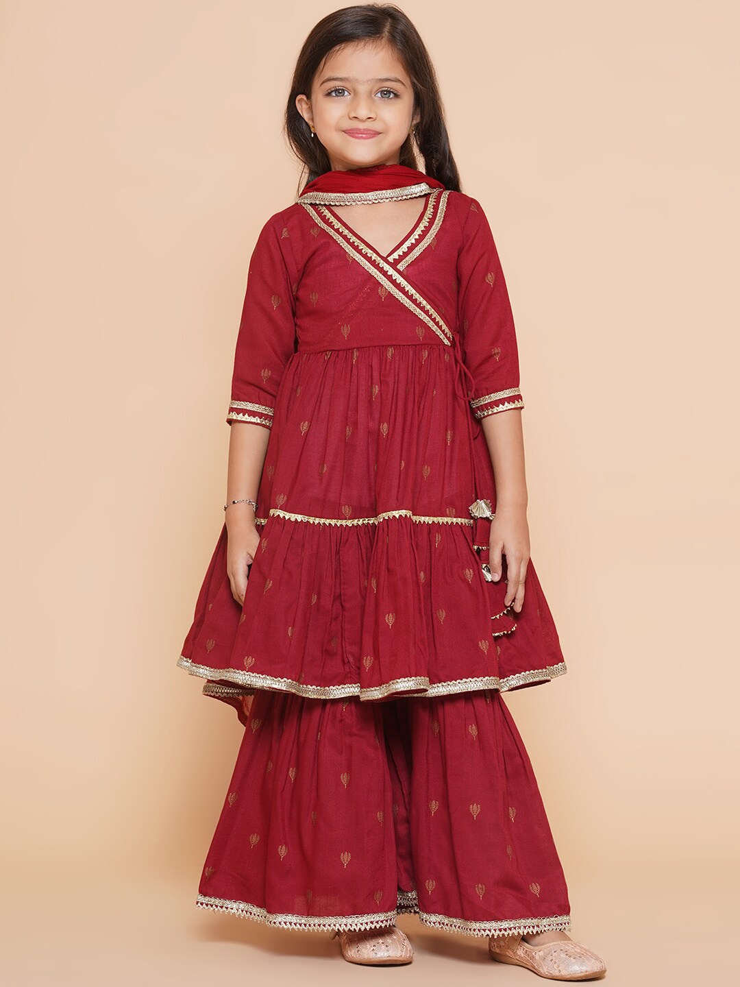 

Bitiya by Bhama Girls Ethnic Motifs Pure Cotton Anarkali Kurta & Sharara With Dupatta, Maroon