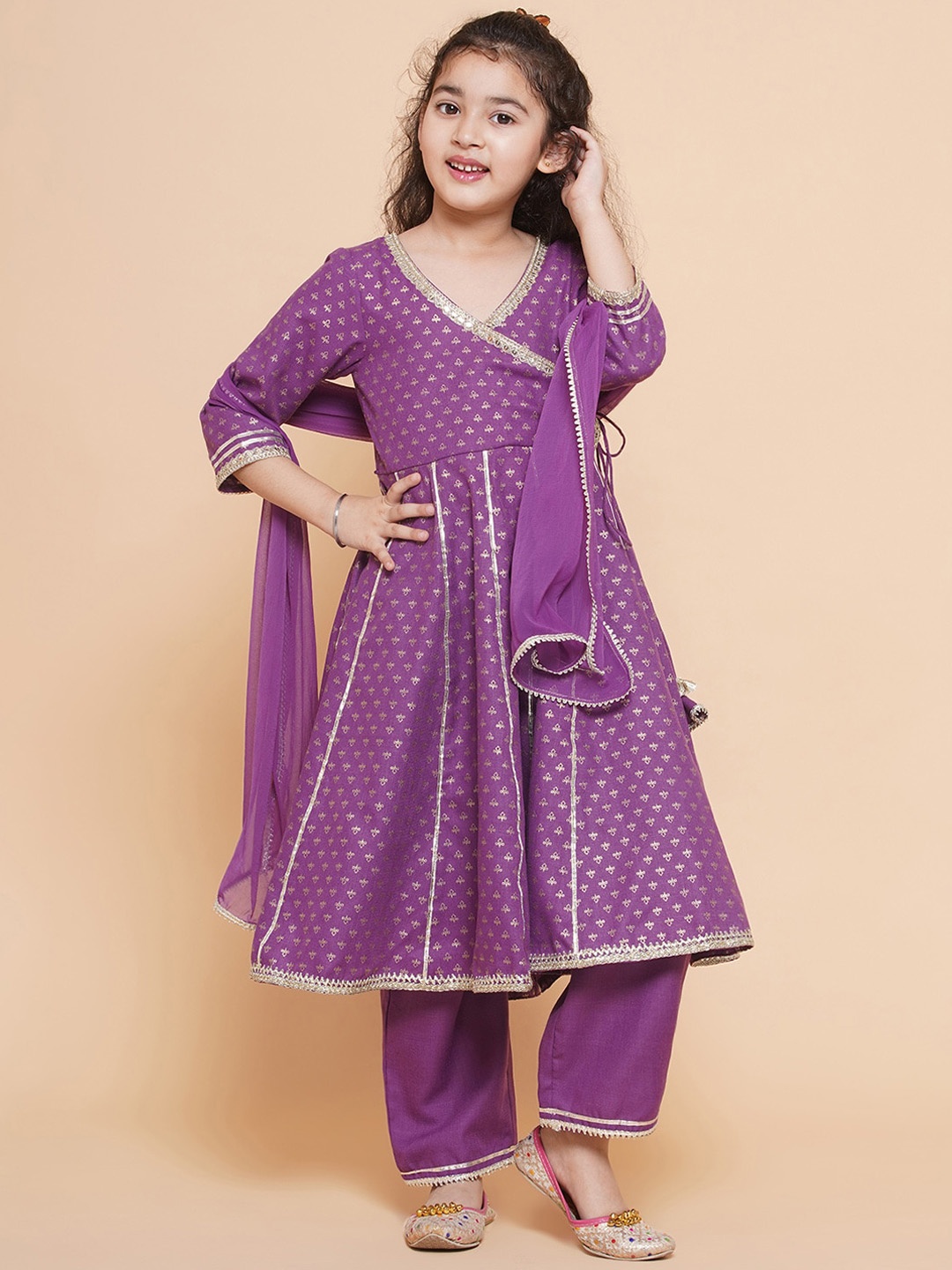 

Bitiya by Bhama Girls Ethnic Motifs Printed Gotta Patti Kurta with Trousers & Dupatta, Purple