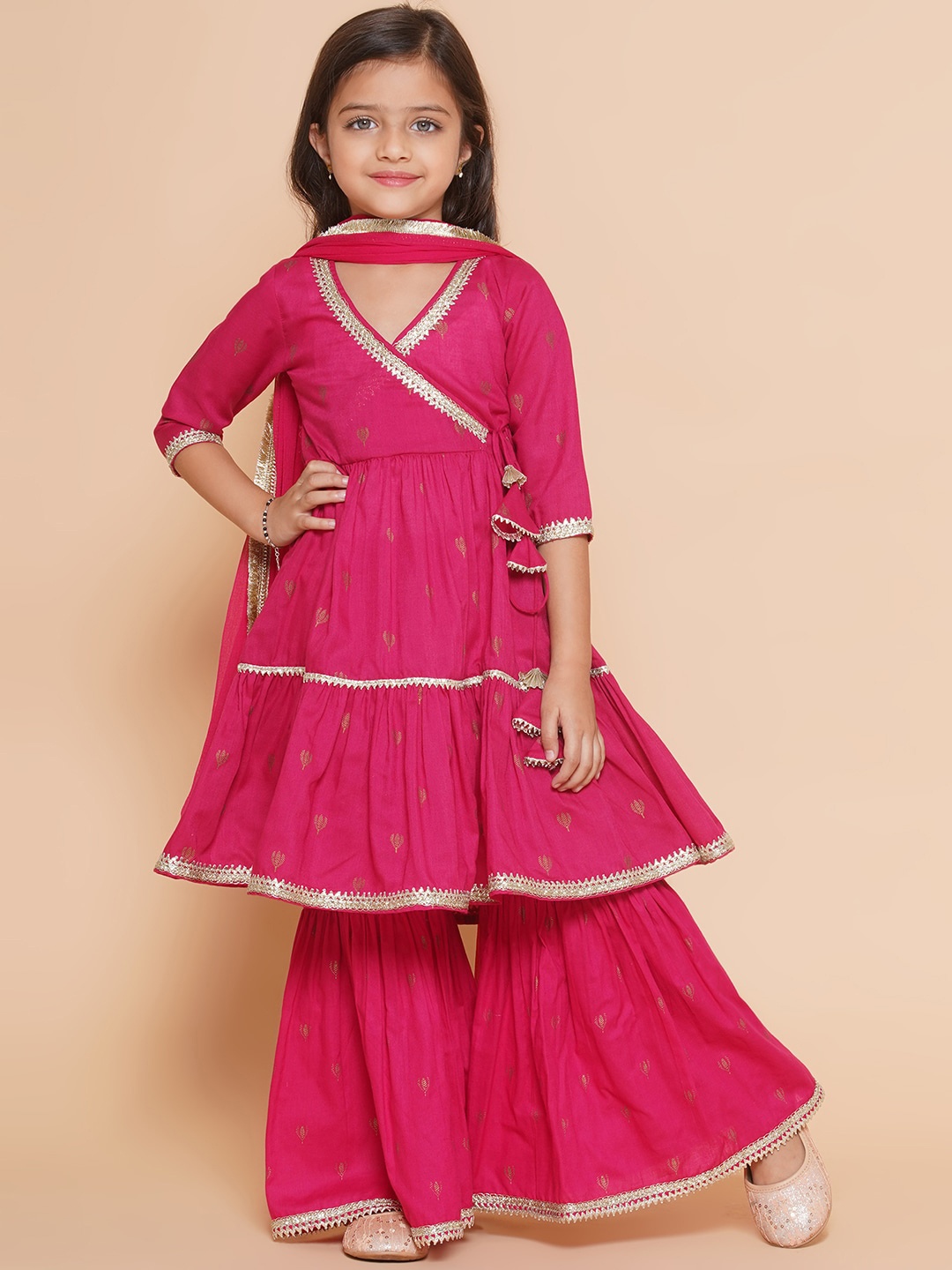 

Bitiya by Bhama Girls Ethnic Motifs Printed Gotta Patti Tiered Kurta with Sharara, Pink