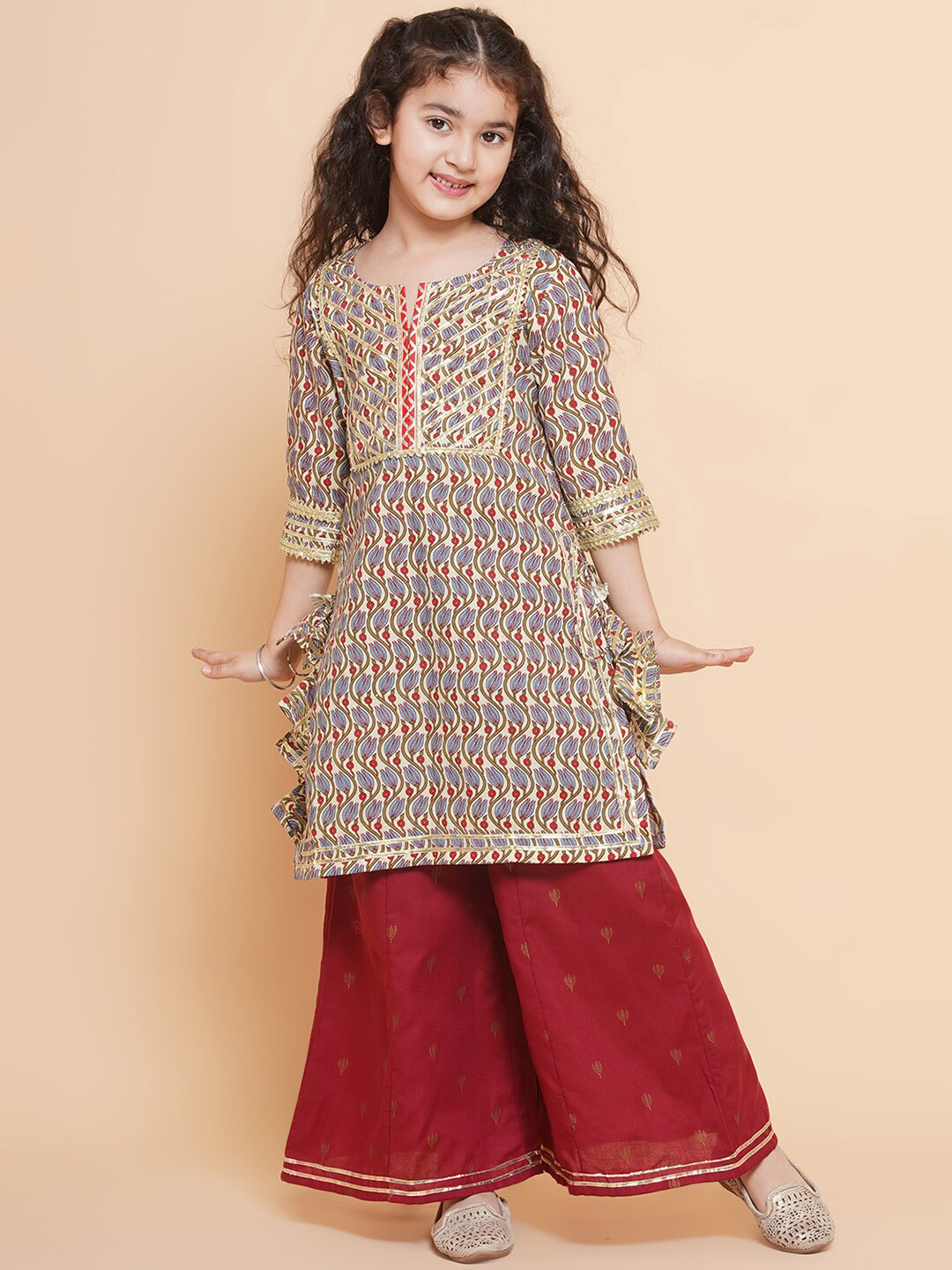 

Bitiya by Bhama Girls Ethnic Motifs Printed Gotta Patti Pure Cotton Kurta With Sharara, Maroon