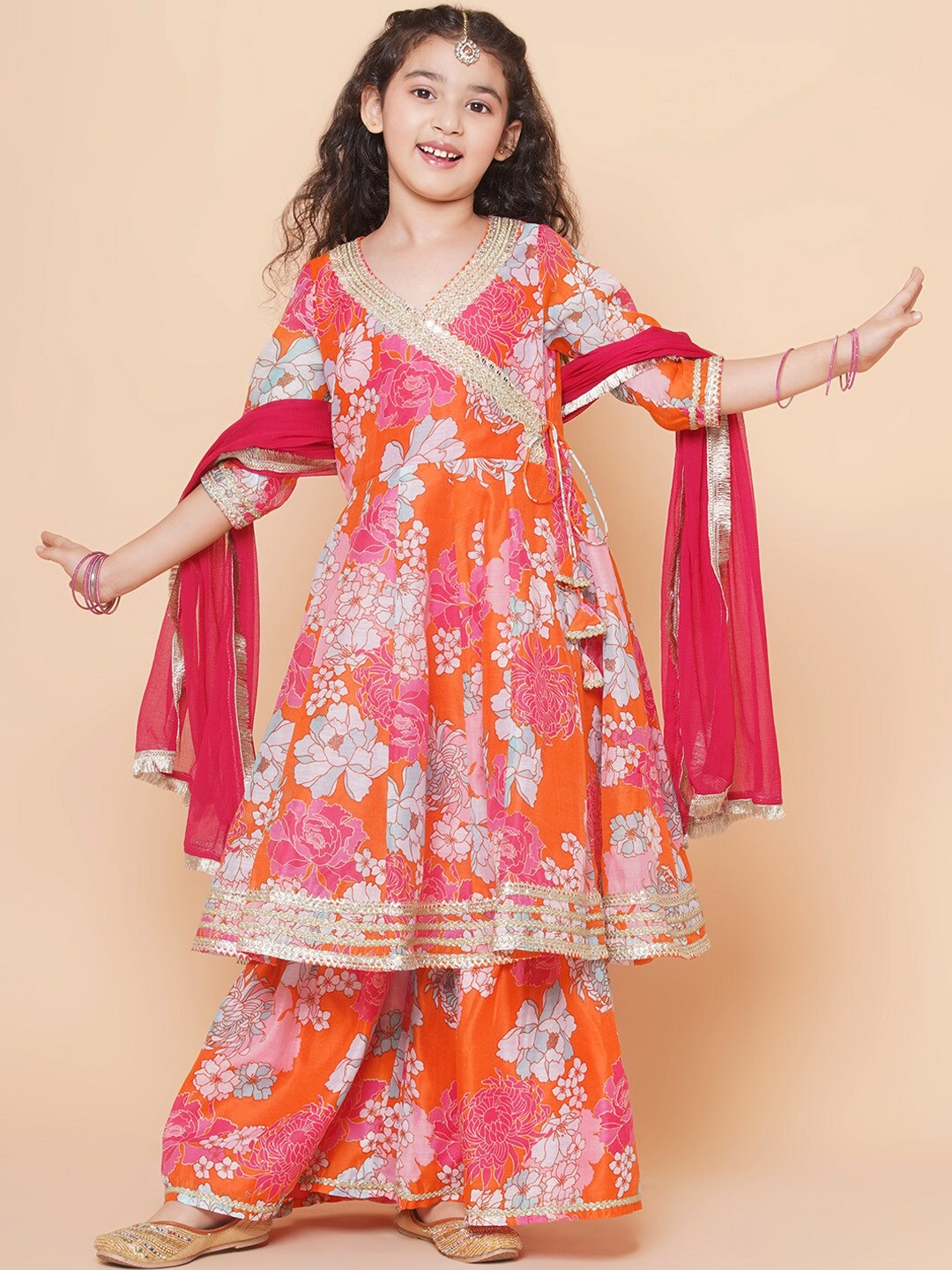 

Bitiya by Bhama Girls Floral Printed Angrakha Anarkali Kurta & Sharara With Dupatta, Orange