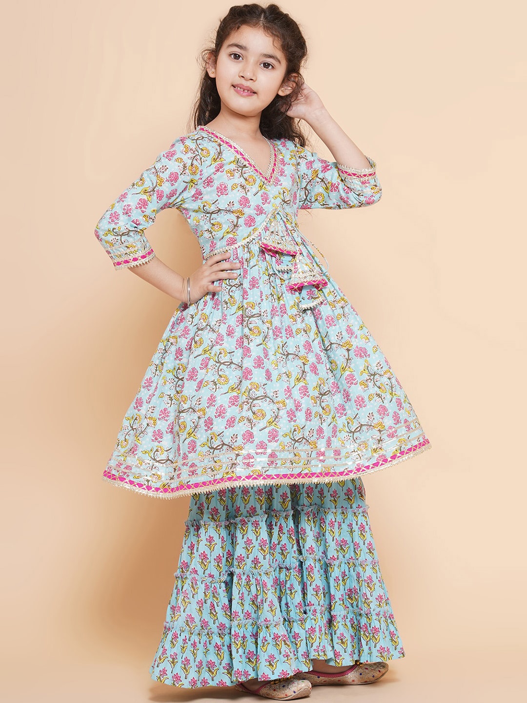 

Bitiya by Bhama Girls Floral Printed Empire Gotta Patti Pure Cotton Kurta With Sharara, Blue