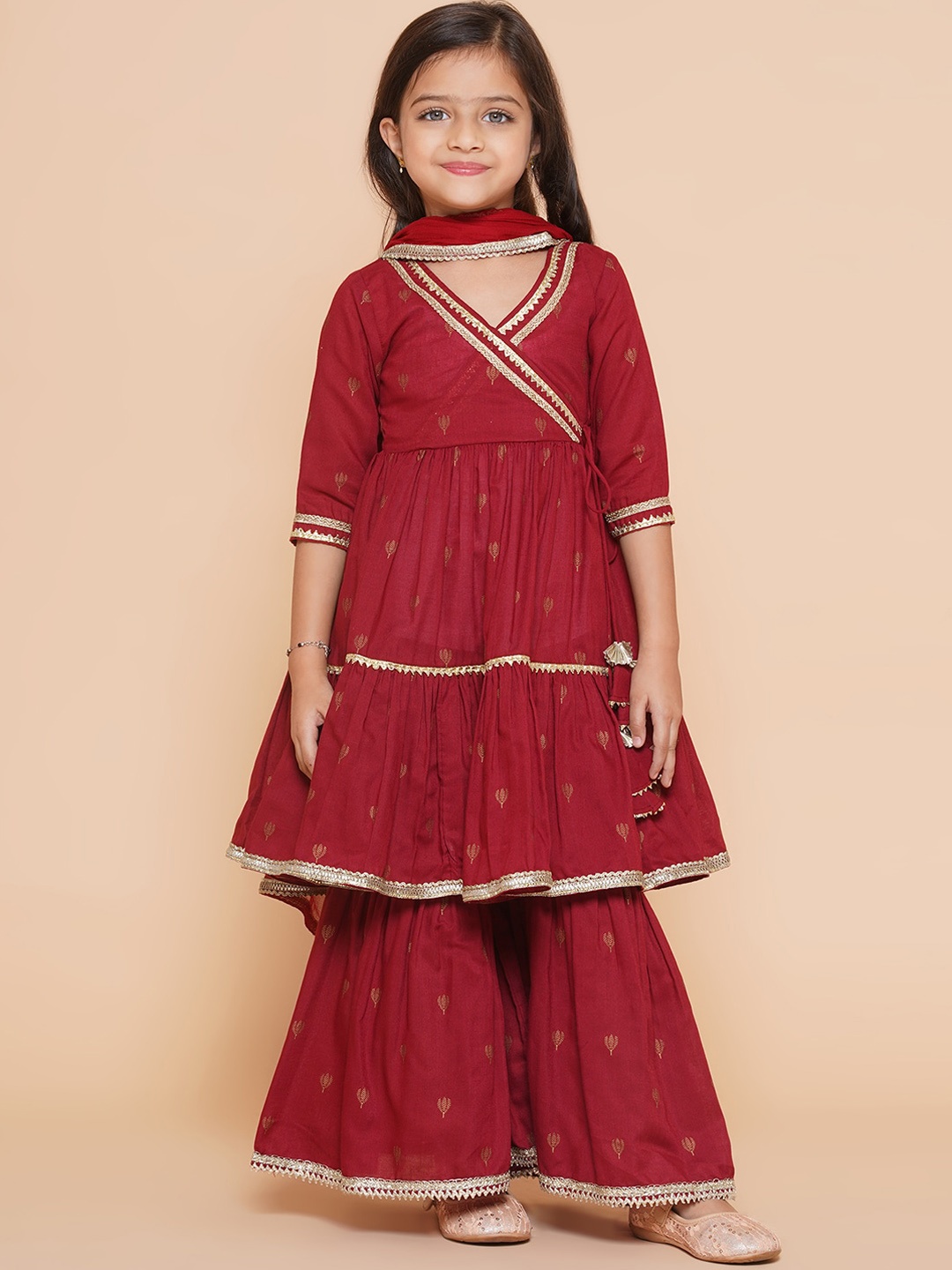 

Bitiya by Bhama Girls Ethnic Motifs Printed Gotta Patti Kurta with Sharara & Dupatta, Maroon