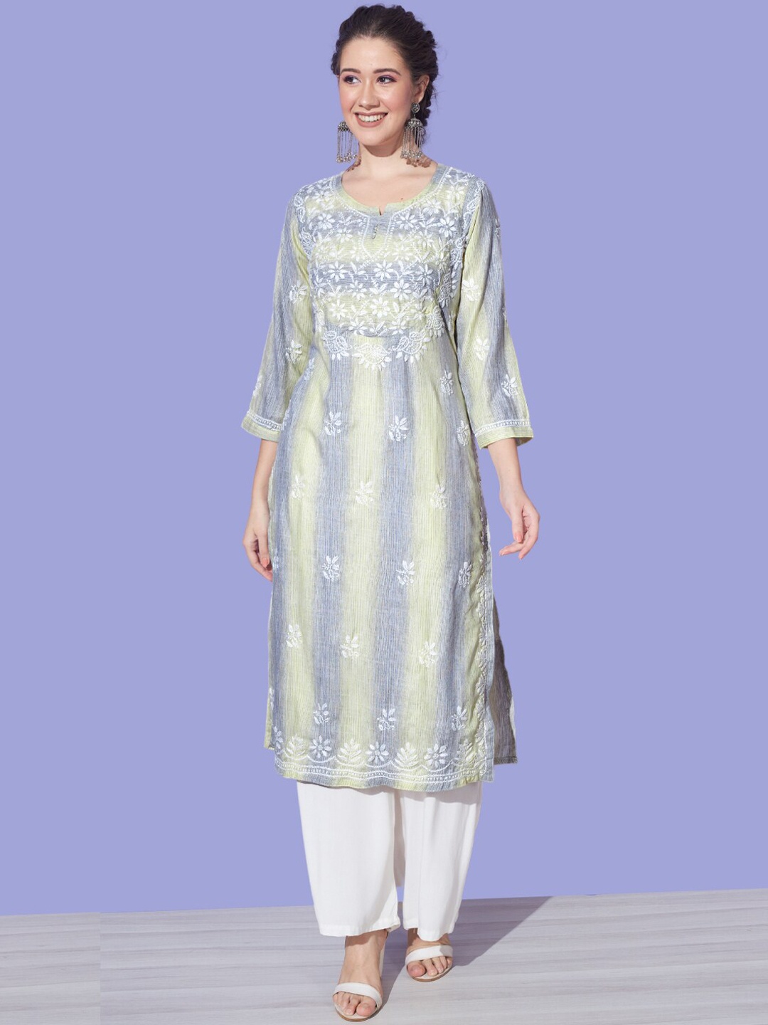 

Ethnava Striped Embroidered Pure Cotton Kurta, Lime green