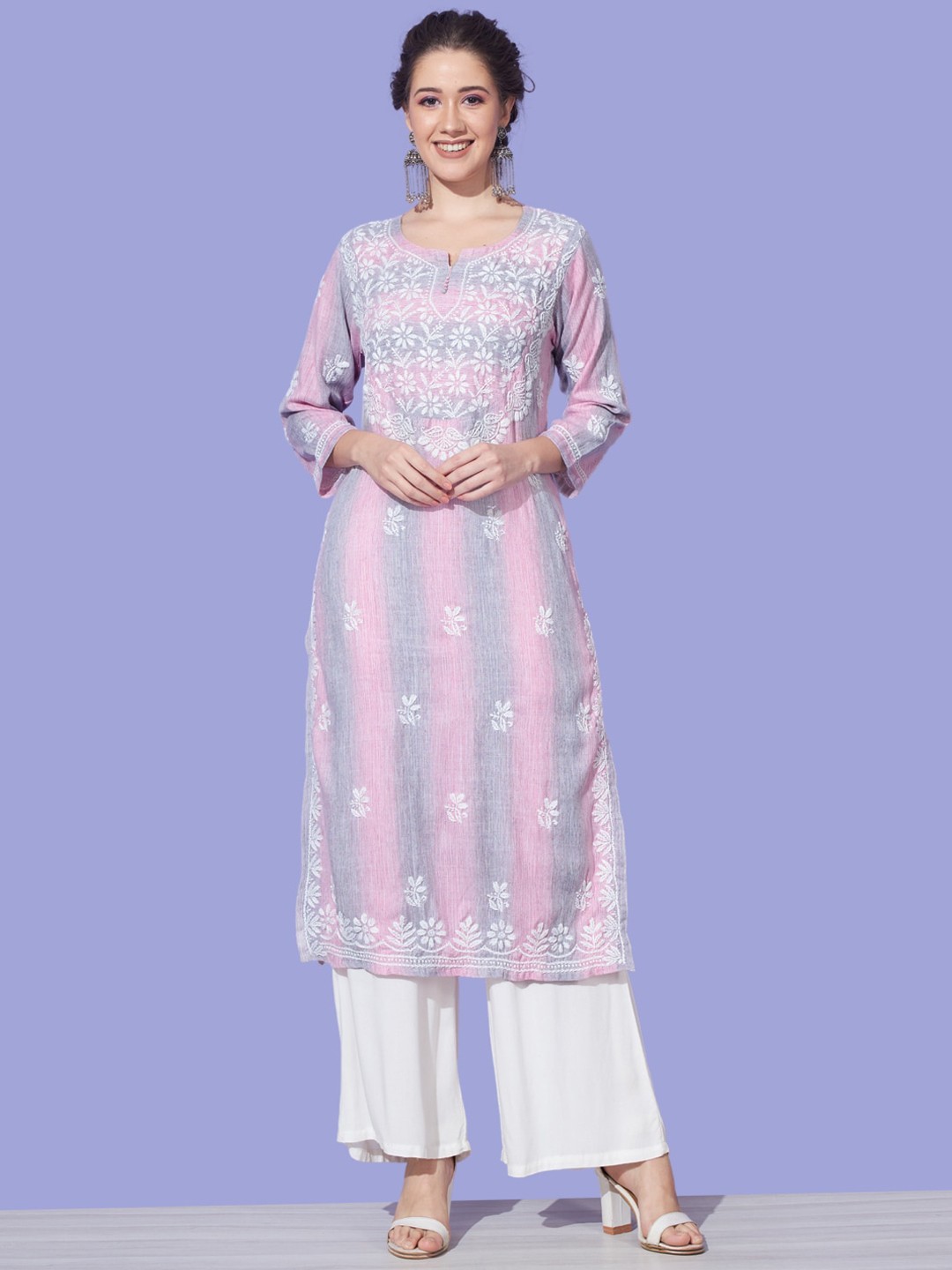 

Ethnava Striped Embroidered Pure Cotton Kurta, Pink
