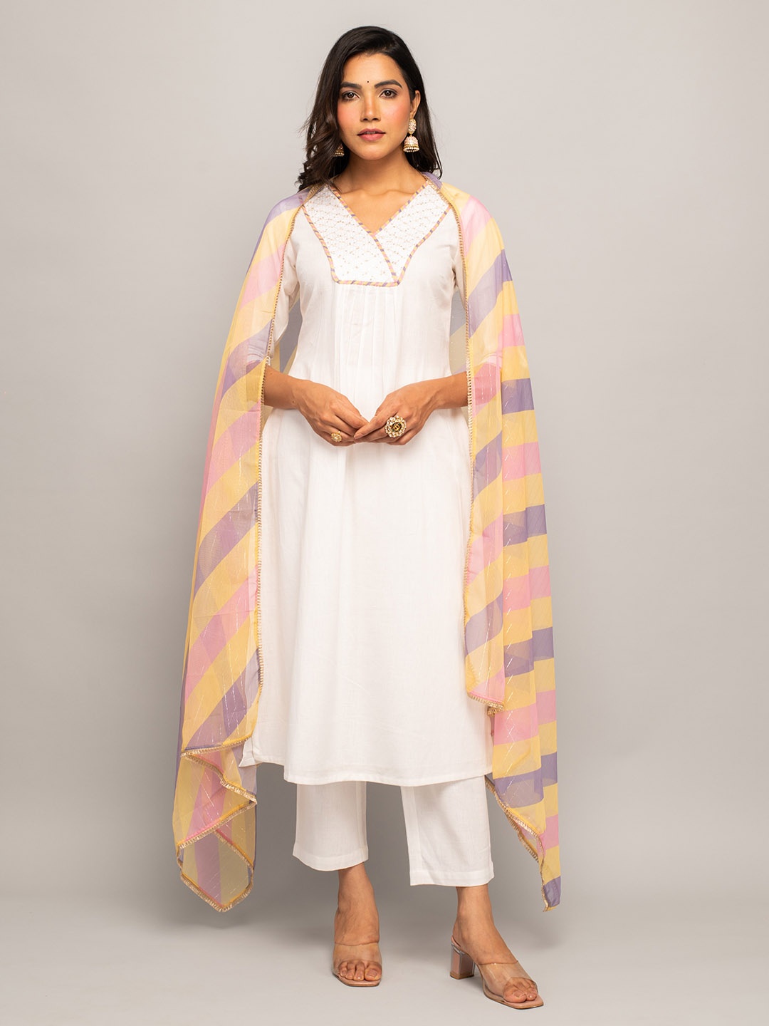 

FIORRA Sequinned A-Line Pure Cotton Kurta With Trousers & Dupatta, White