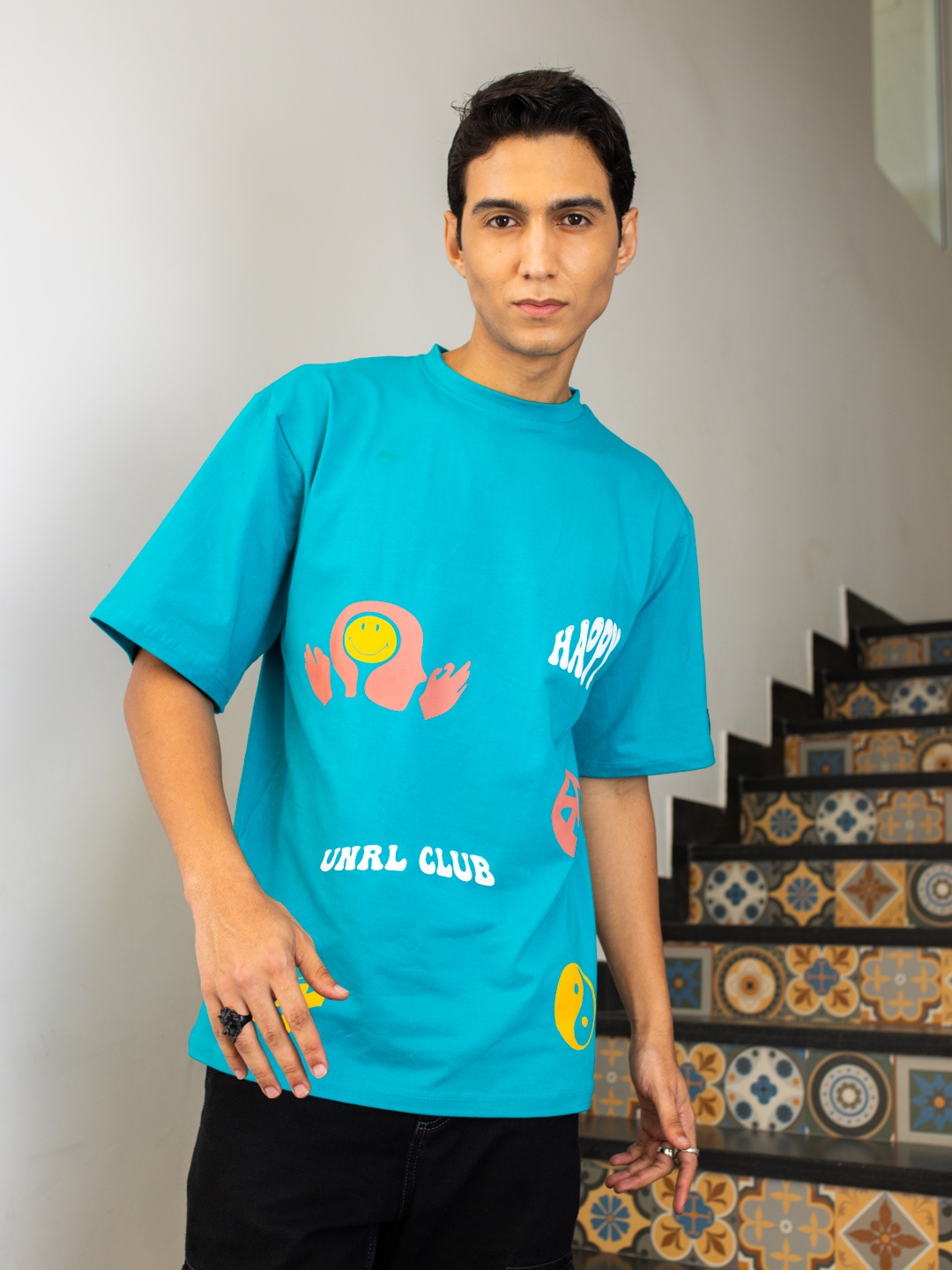 

UNRL Pure Cotton Graphic Printed Drop-Shoulder Sleeves T-shirt, Blue